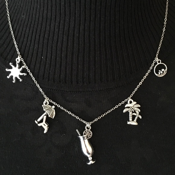 "Tropical Getaway" Handmade Charm Necklace, Beach Ocean Palm Tree Cocktail Sun - Picture 9 of 15